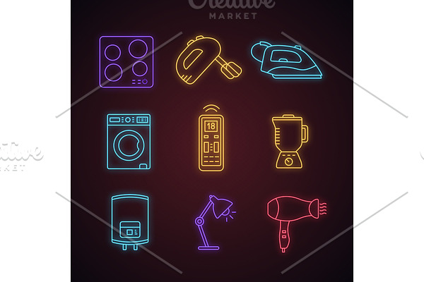 Household appliance neon light icons
