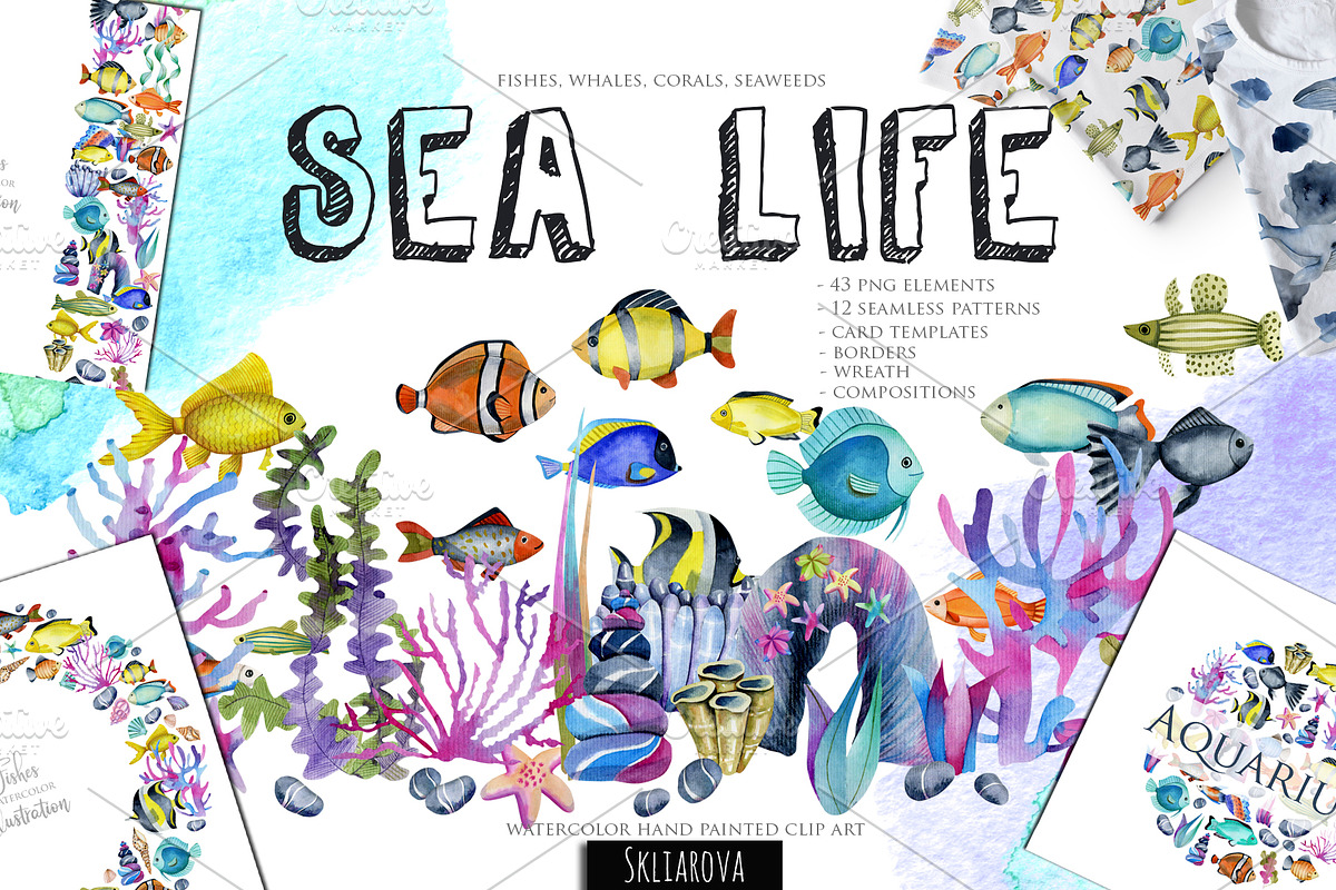Sea life. Watercolor clip art. in Illustrations - product preview 8