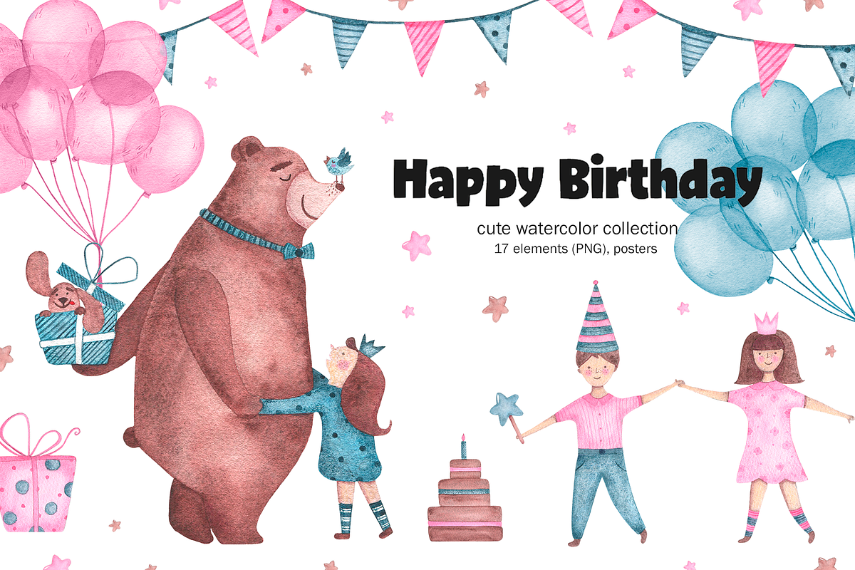 Happy Birthday - watercolor clipart in Illustrations - product preview 8