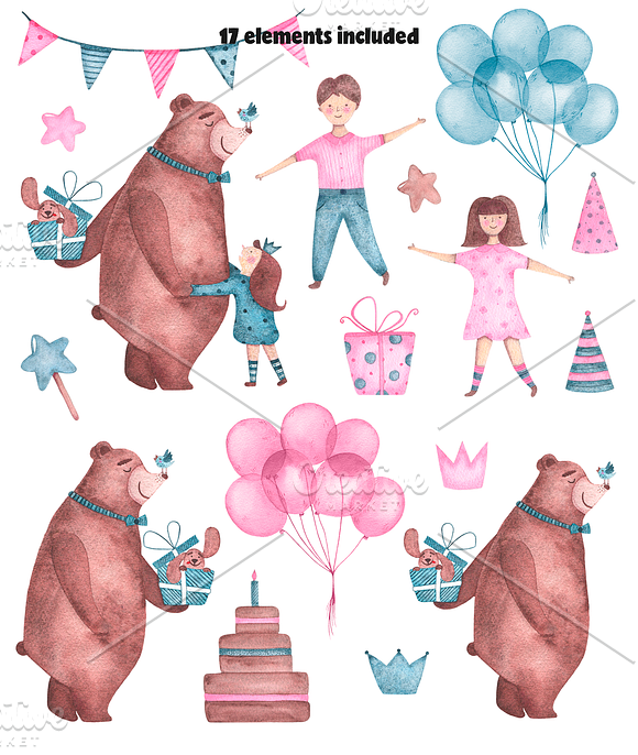 Happy Birthday - watercolor clipart in Illustrations - product preview 3