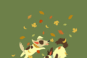Dogs playing with autumn leaves