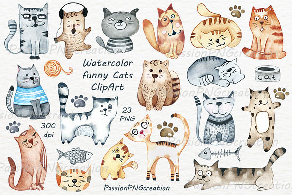Watercolor funny Cats Clipart