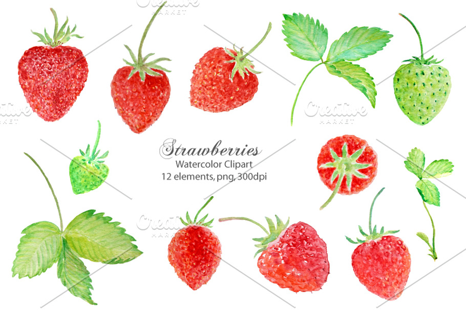 Watercolor Clipart Strawberry in Illustrations - product preview 8