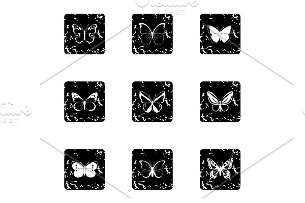 Butterfly icons set, grunge style