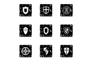 Shield icons set, grunge style