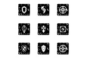 Protective shield icons set, grunge