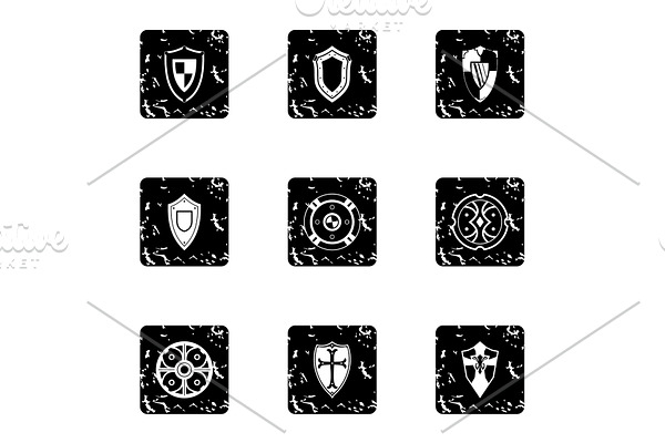Army shield icons set, grunge style