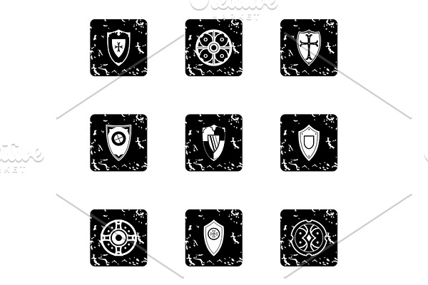 Combat shield icons set, grunge