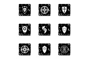 Combat shield icons set, grunge
