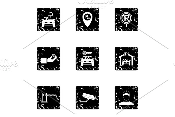 Parking icons set, grunge style