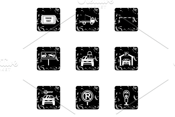 Parking area icons set, grunge style