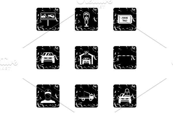 Parking station icons set, grunge