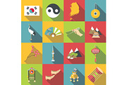 South Korea travel icons set, flat