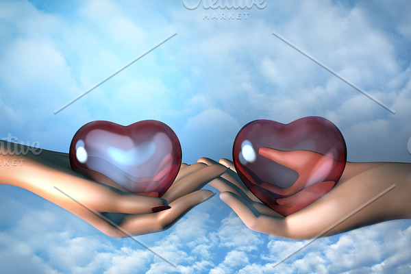 3d man and woman hands holding glass