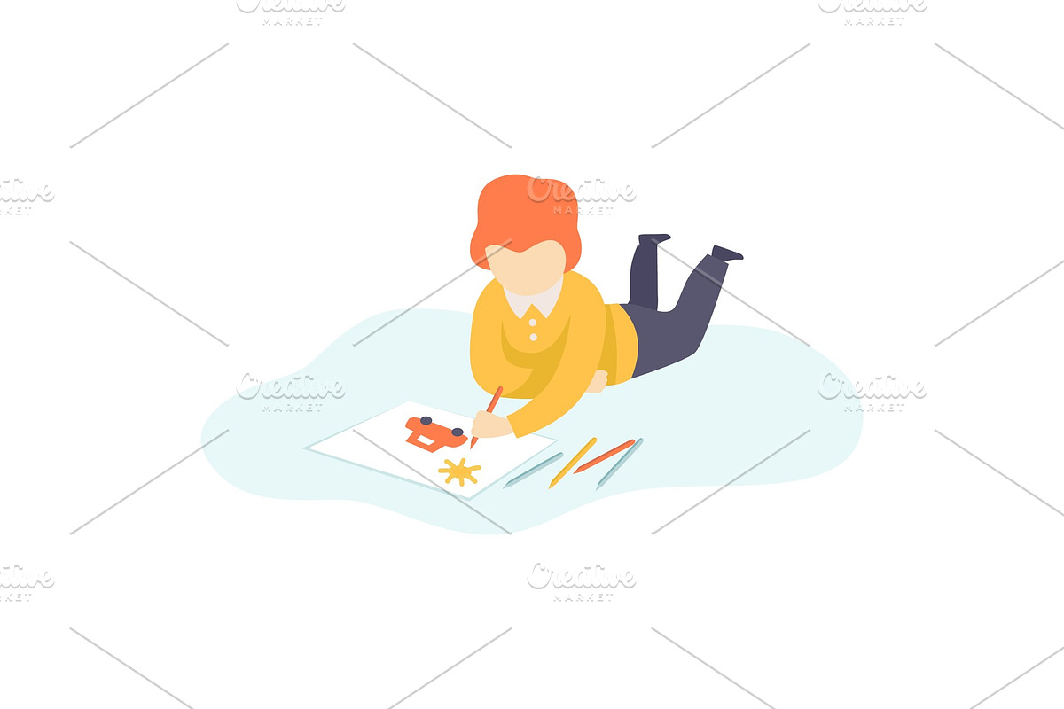 Boy Lying on Floor and Drawing Car in Illustrations - product preview 8