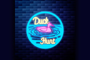 Vintage hunting emblem glowing neon 