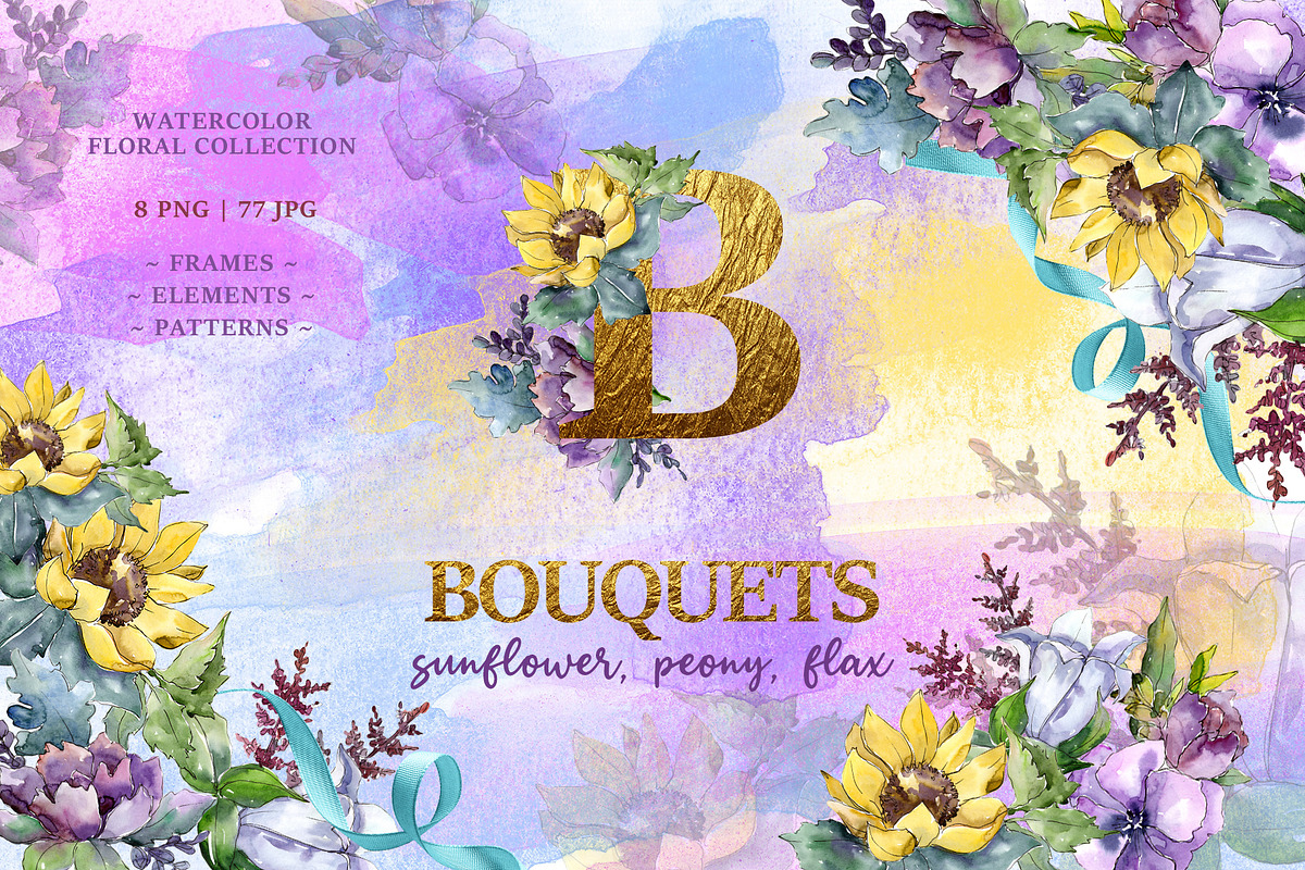 Bouquets peony, flax Watercolor png  in Illustrations - product preview 8