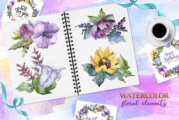Bouquets peony, flax Watercolor png  in Illustrations - product preview 1
