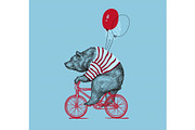 Bear Rides Bike Balloon Grunge Print