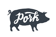 Pig, pork. Vintage lettering, retro