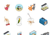 Pet shop isometric icons set