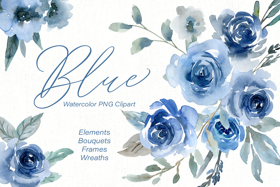Blue Watercolor Roses Flowers PNG in Illustrations - product preview 8