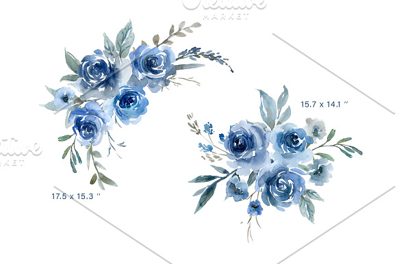 Blue Watercolor Roses Flowers PNG in Illustrations - product preview 2