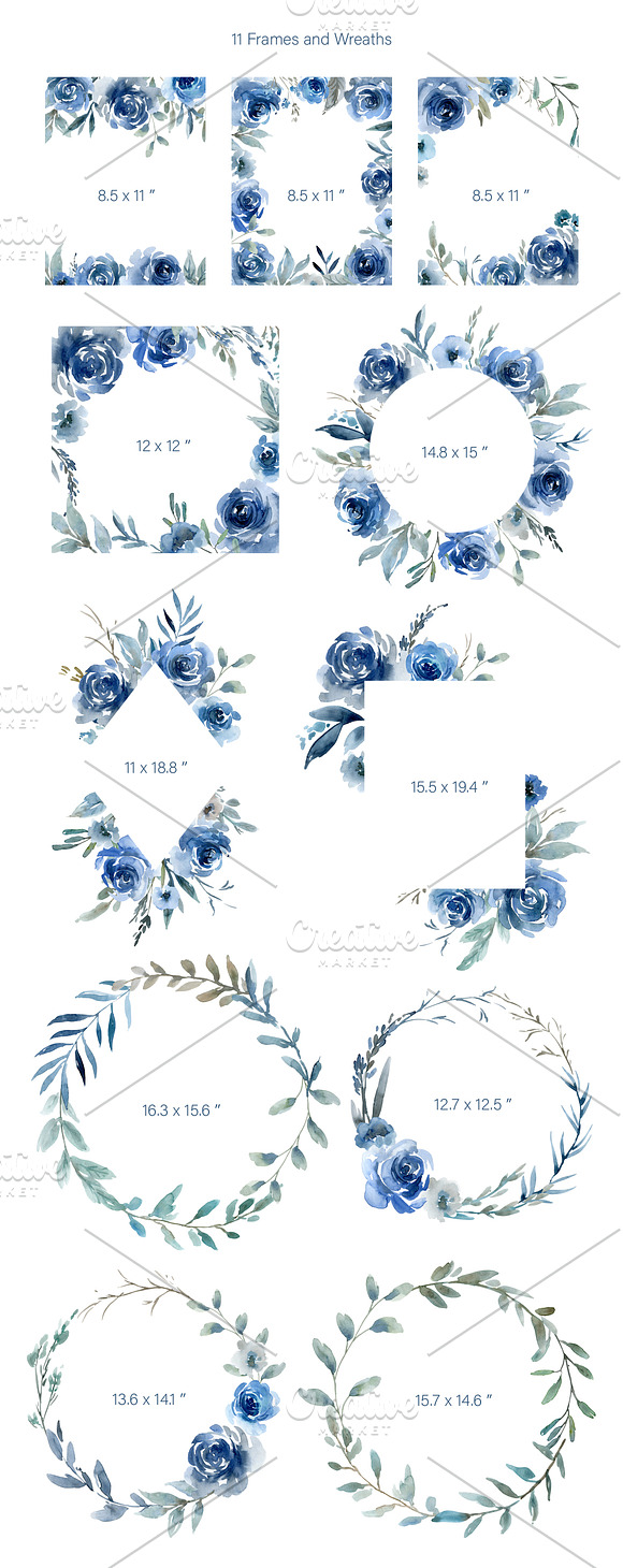 Blue Watercolor Roses Flowers PNG in Illustrations - product preview 3