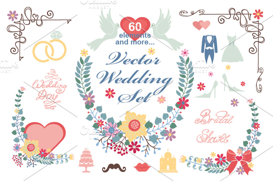 Wedding Floral  vector decor set 01