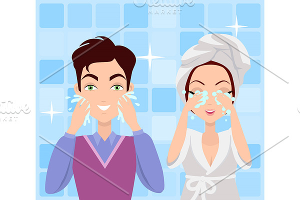 Man and Woman Washing their Faces