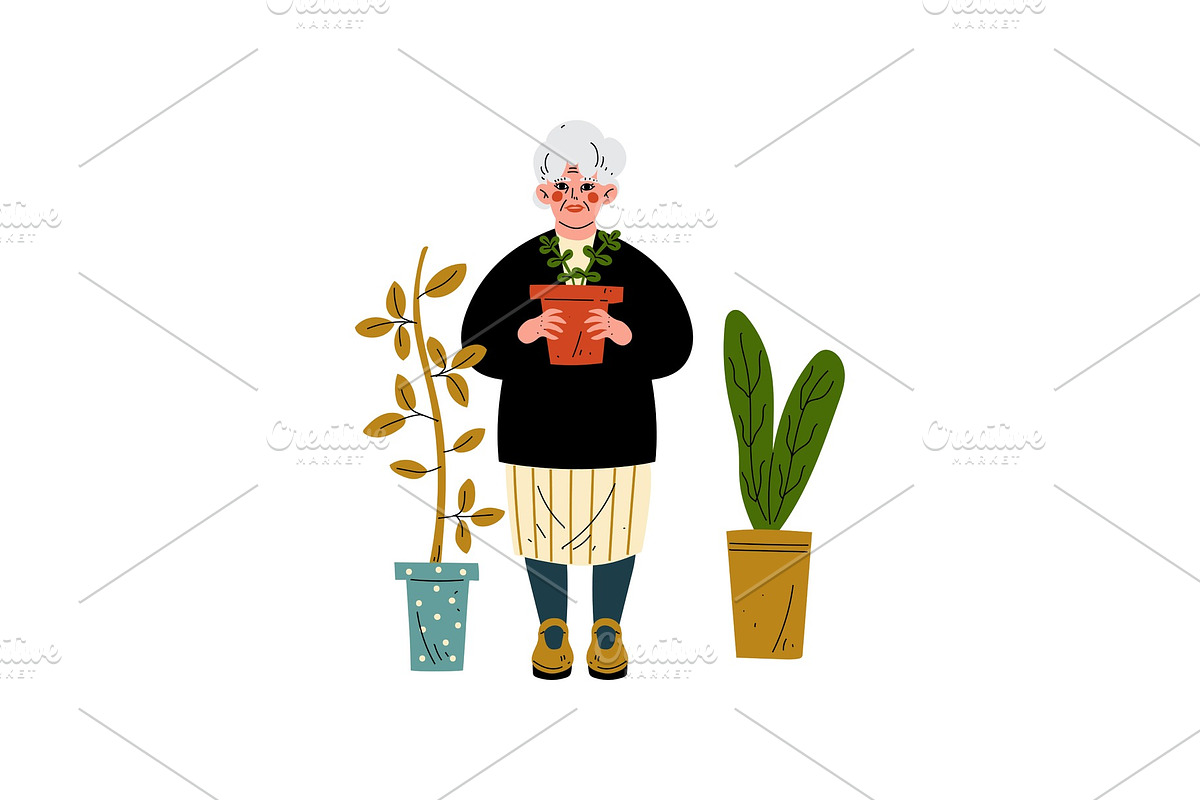 Elderly Woman Caring for Plants in Illustrations - product preview 8