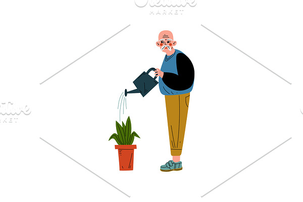 Senior Man Watering Flower with Can