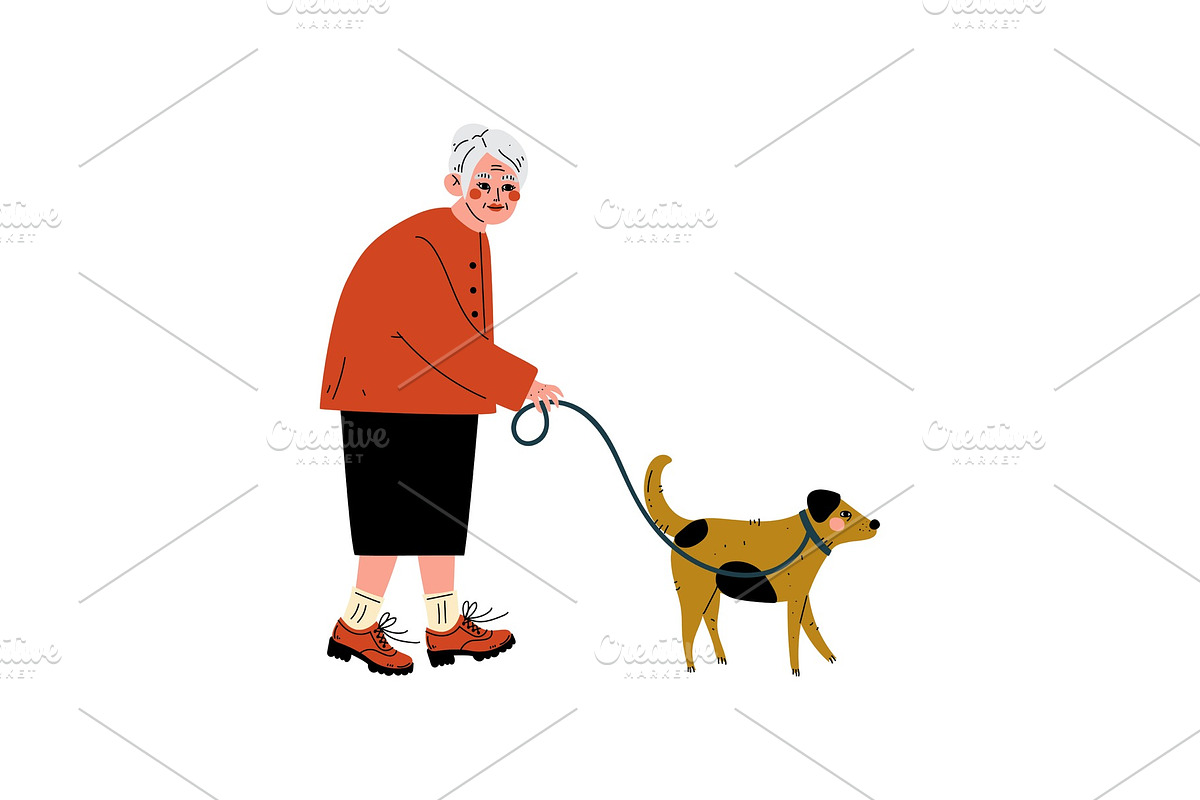 Senior Woman Walking with Her Dog in Illustrations - product preview 8