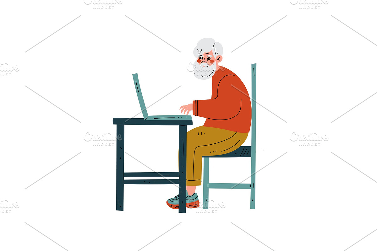 Elderly Man Working with Laptop in Illustrations - product preview 8