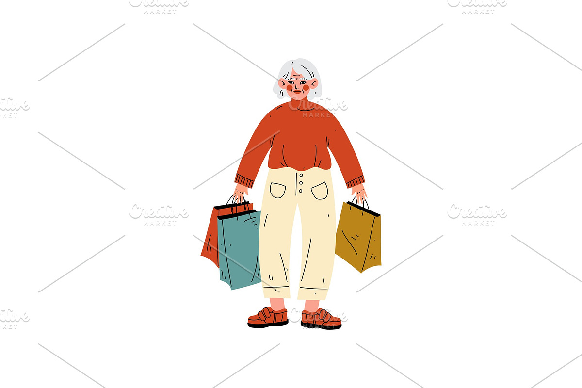 Senior Woman Standing with Shopping in Illustrations - product preview 8
