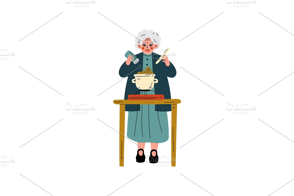 Senior Woman Cooking on Kitchen in Illustrations - product preview 8