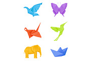 Origami crane, elephant, hummingbird