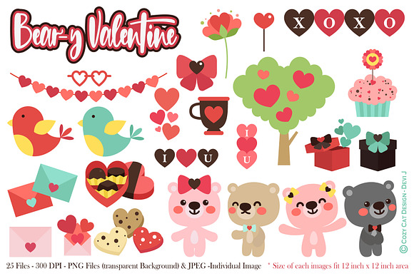 Beary Valentine Digital Clip Art in Illustrations - product preview 1