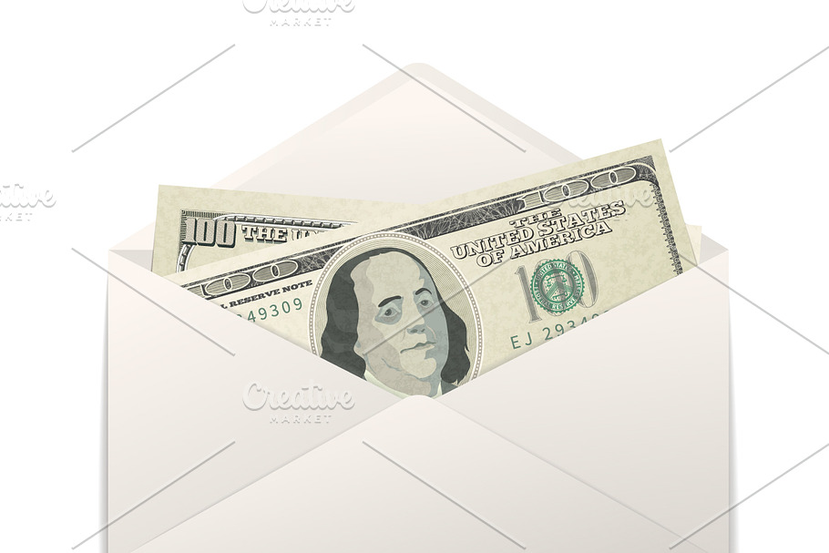 Dollar banknotes in white envelope