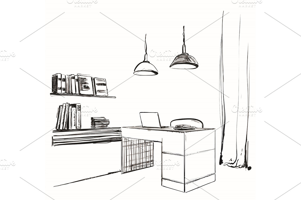 Workspace office sketch. Furniture in Illustrations - product preview 8