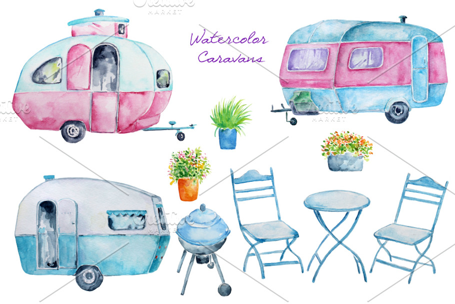 Watercolor Clipart Caravan in Illustrations - product preview 8