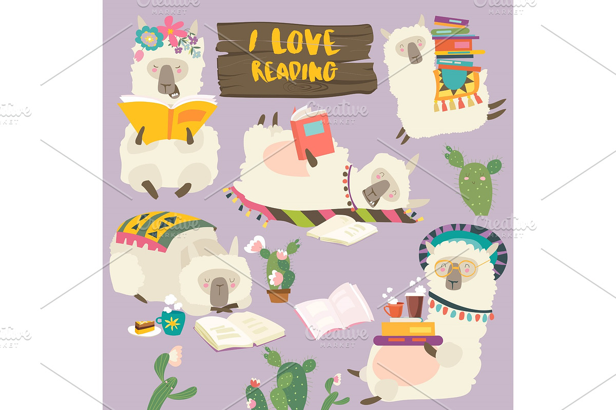 Funny cartoon llamas alpaca reading in Illustrations - product preview 8