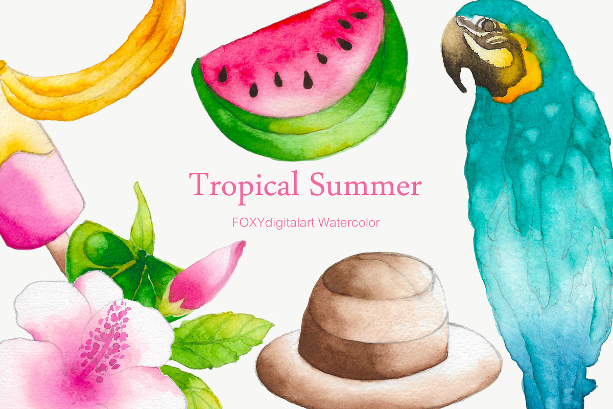 Watercolor summer tropical clipart in Illustrations - product preview 8