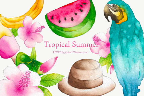 Watercolor summer tropical clipart in Illustrations - product preview 1