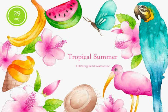 Watercolor summer tropical clipart in Illustrations - product preview 2