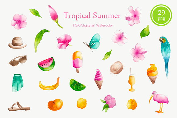 Watercolor summer tropical clipart in Illustrations - product preview 3