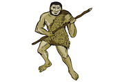 Neanderthal Man Holding Spear Etchin
