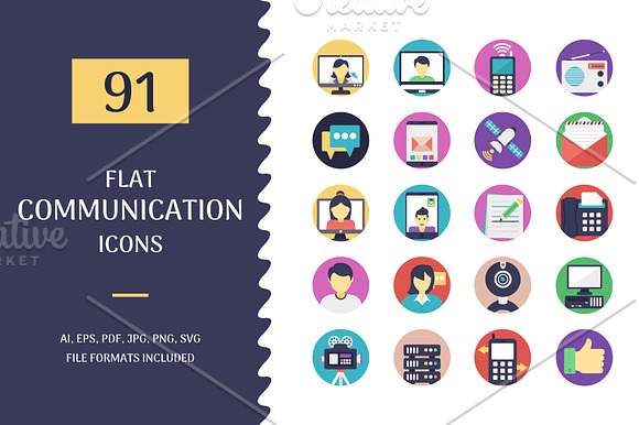 91 Flat Communication Icons in Icons - product preview 1