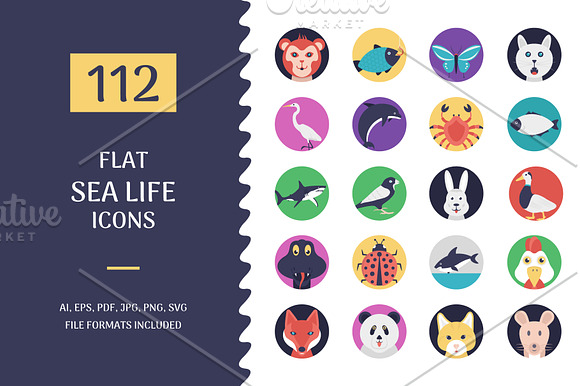 112 Flat Sea Life and Animals Icons in Icons - product preview 1