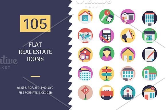 105 Flat Real Estate Icons in Icons - product preview 1